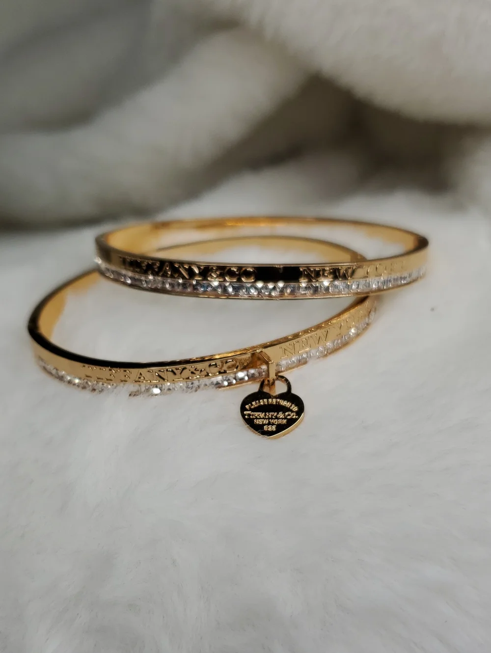 Fashion Jewelry Tiff  Gold-Tone Crystal Bangle Bracelets with Heart Charm